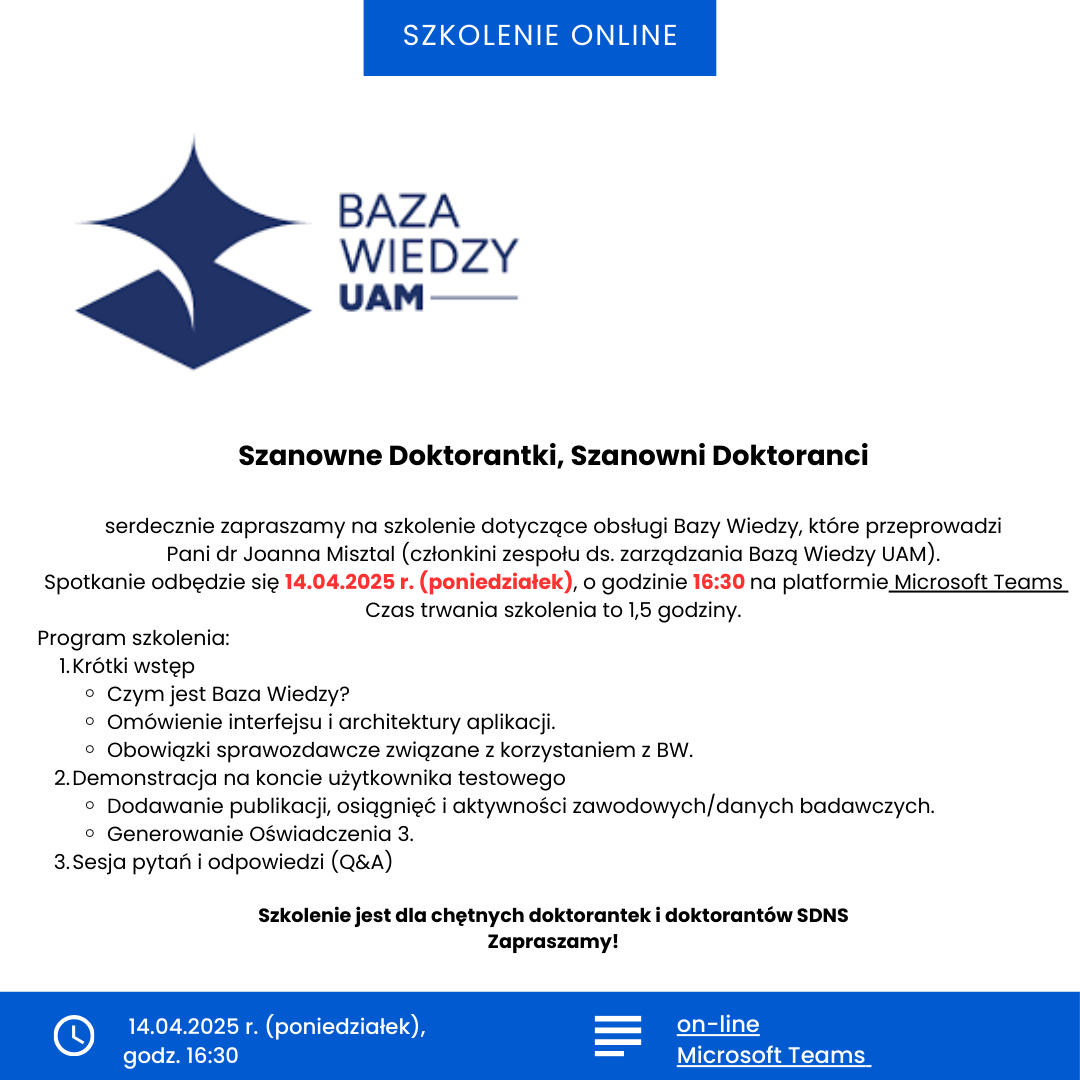 Zaproszenie na szkolenie online dotyczące obsługi Bazy Wiedzy UAM, 14.04.2025, godz. 16:30, Microsoft Teams. Program: wstęp, demo, Q&A.