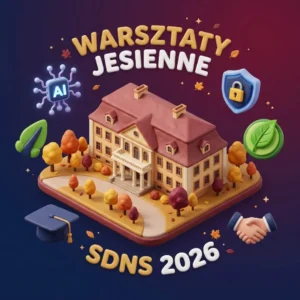 Nowoczesna ilustracja wektorowa przedstawiająca zarys historycznego pałacu otoczonego jesiennymi drzewami, symbole sztucznej inteligencji, kłódki cyberbezpieczeństwa i biretu doktorskiego w barwach granatu, bieli i bordo.