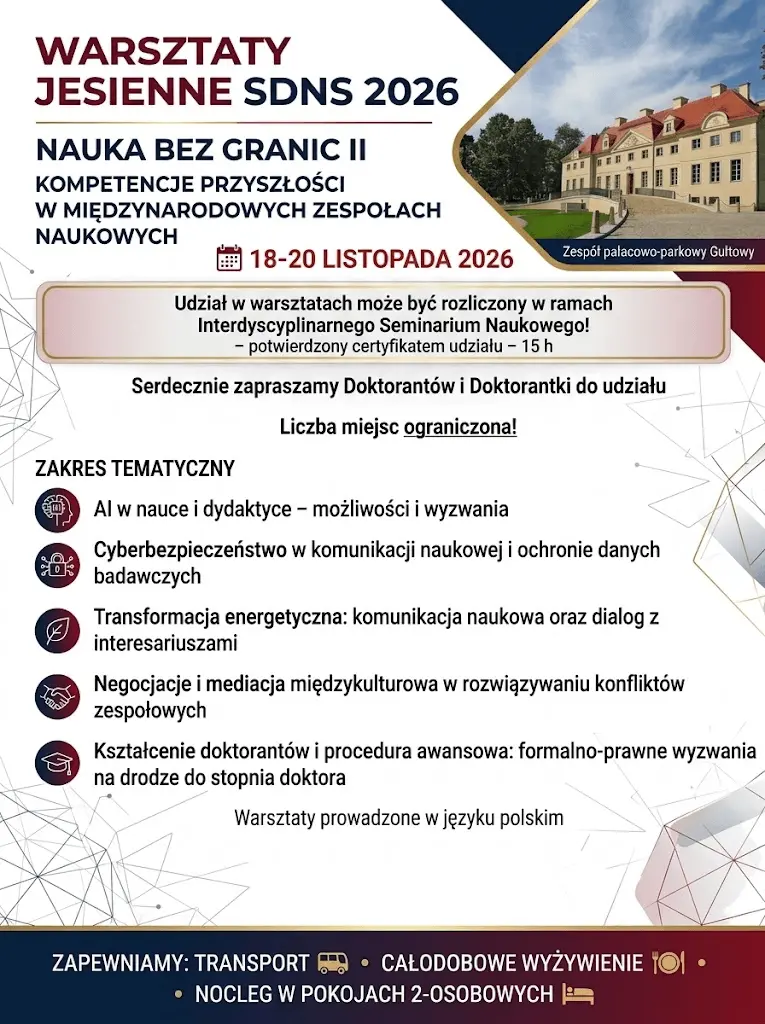 Plakat Warsztatów Jesiennych SDNS UAM „Nauka bez granic II”, 18–20 listopada 2026 w Gułtowach, o kompetencjach przyszłości w zespołach naukowych.